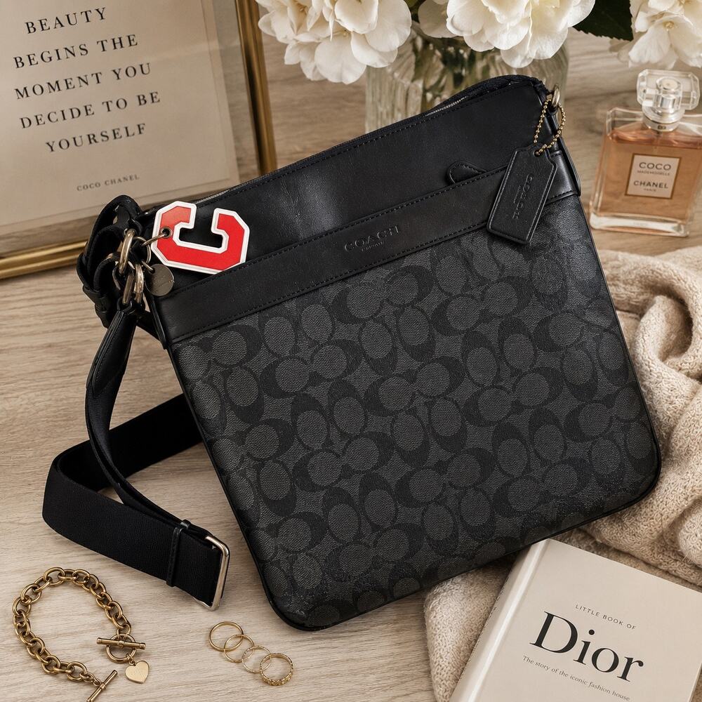 Coach Charles Crossbody F54781 Black Signature Canvas Unisex Designer Travel Bag